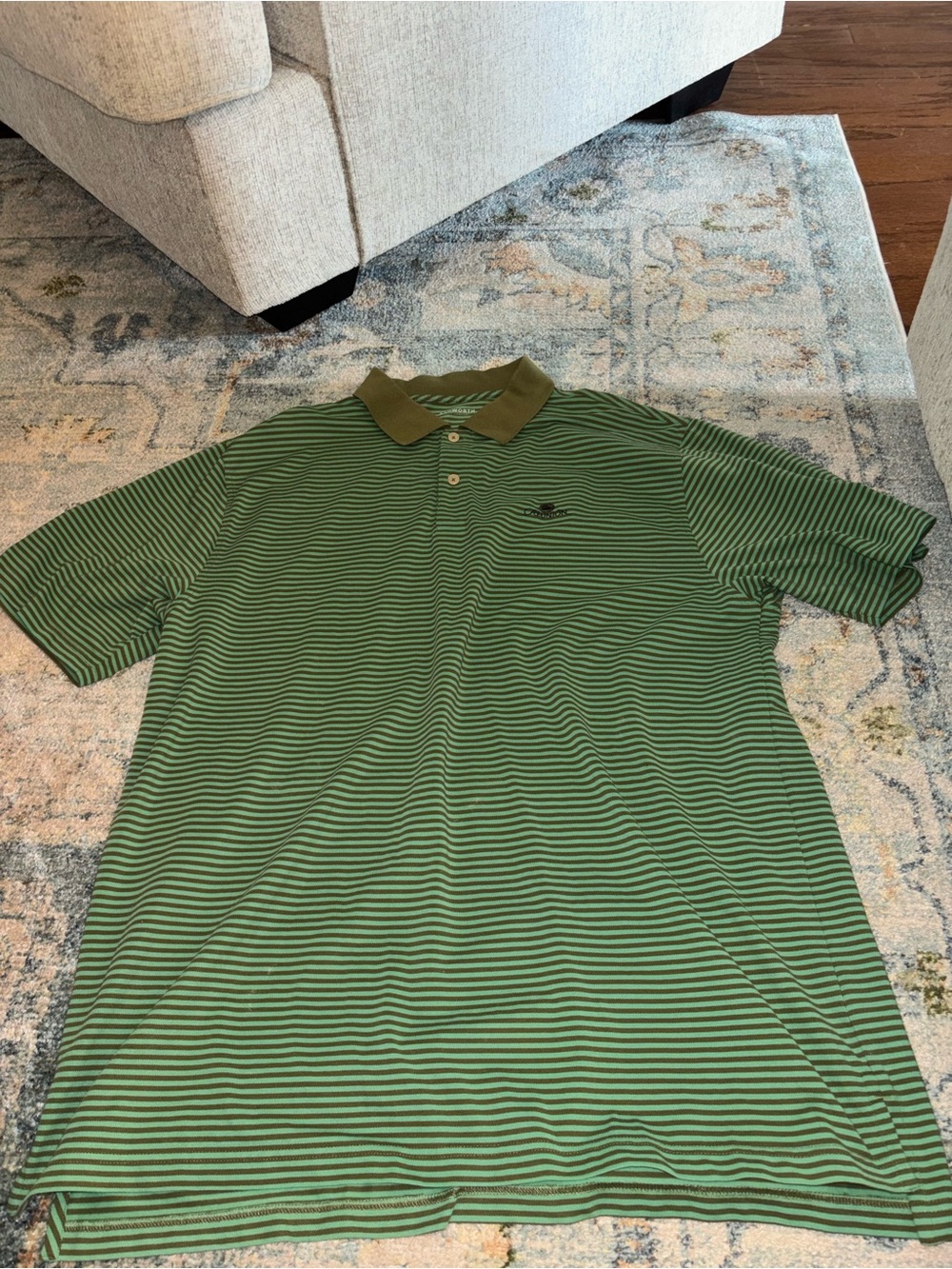 Men's Green Striped Ashworth golf company Polo. Reunion golf club logo